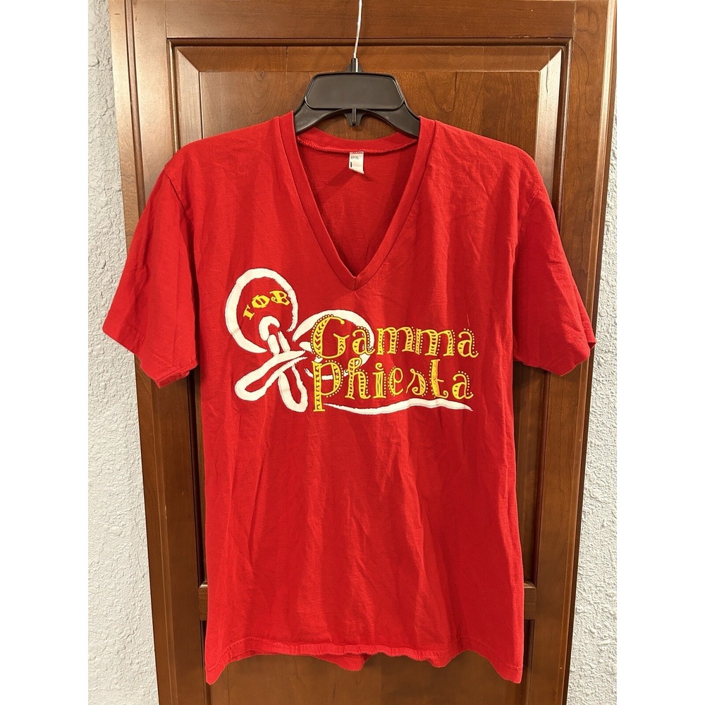 Gamma Phi Beta Phiesta (Fiesta) Red T-shirt Womens Medium V-neck 2-sided US Made